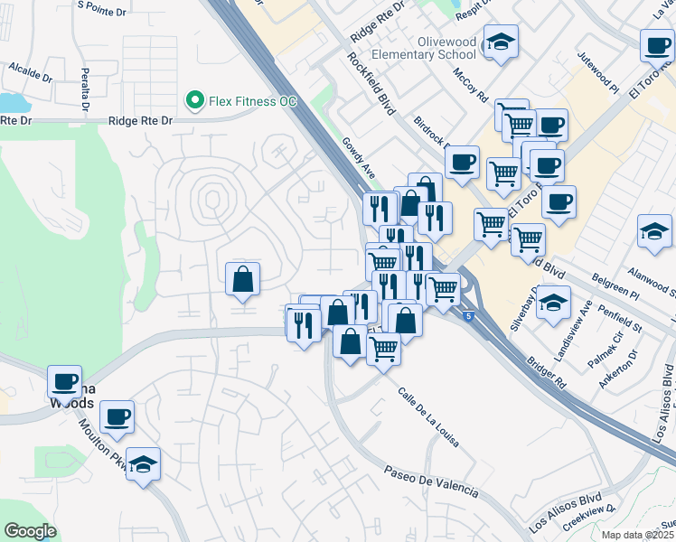 map of restaurants, bars, coffee shops, grocery stores, and more near 23892 Ronda Granada in Laguna Woods