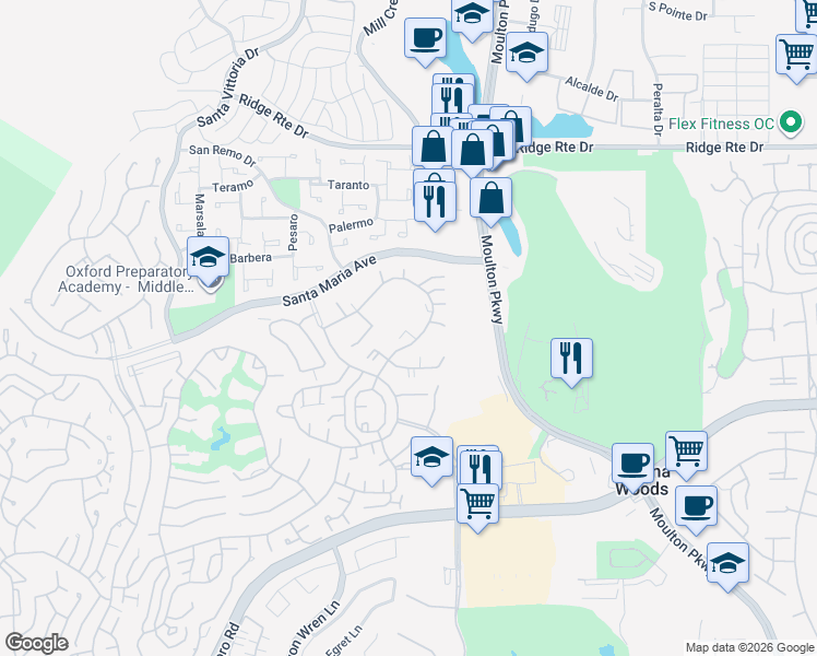 map of restaurants, bars, coffee shops, grocery stores, and more near 3083 Via Serena North in Laguna Woods