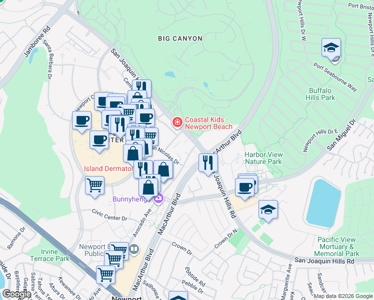 map of restaurants, bars, coffee shops, grocery stores, and more near 1605 Avocado Avenue in Newport Beach