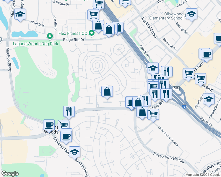 map of restaurants, bars, coffee shops, grocery stores, and more near 2220 Via Mariposa East in Laguna Woods