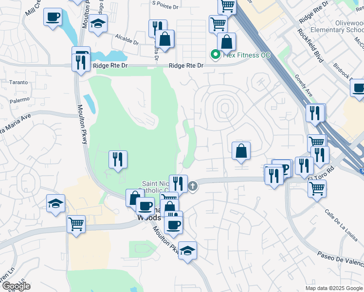 map of restaurants, bars, coffee shops, grocery stores, and more near 2391 Via Mariposa West in Laguna Woods