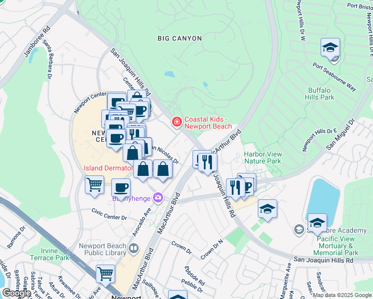 map of restaurants, bars, coffee shops, grocery stores, and more near 1605 Avocado Avenue in Newport Beach