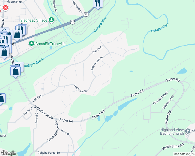 map of restaurants, bars, coffee shops, grocery stores, and more near 6601 Hemlock Street in Trussville