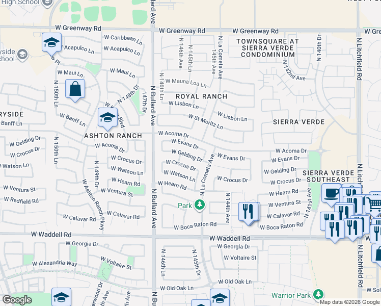 map of restaurants, bars, coffee shops, grocery stores, and more near 14587 West Gelding Drive in Surprise