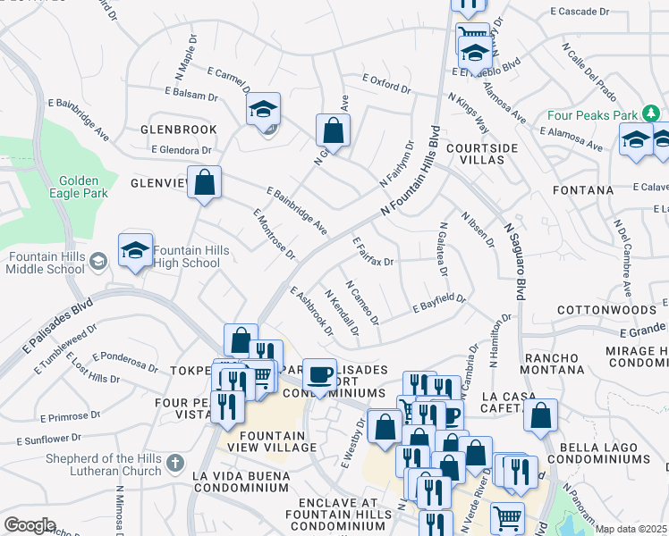 map of restaurants, bars, coffee shops, grocery stores, and more near 14037 North Brunswick Drive in Fountain Hills