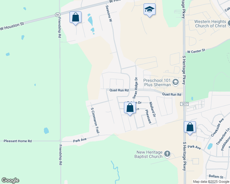 map of restaurants, bars, coffee shops, grocery stores, and more near 4608 Quail Run Road in Sherman
