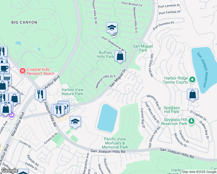 map of restaurants, bars, coffee shops, grocery stores, and more near San Miguel Drive in Newport Beach