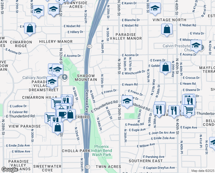 map of restaurants, bars, coffee shops, grocery stores, and more near 3515 East Hearn Road in Phoenix
