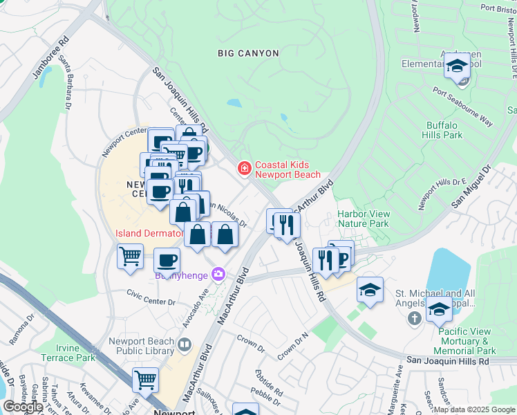 map of restaurants, bars, coffee shops, grocery stores, and more near 1605 Avocado Avenue in Newport Beach