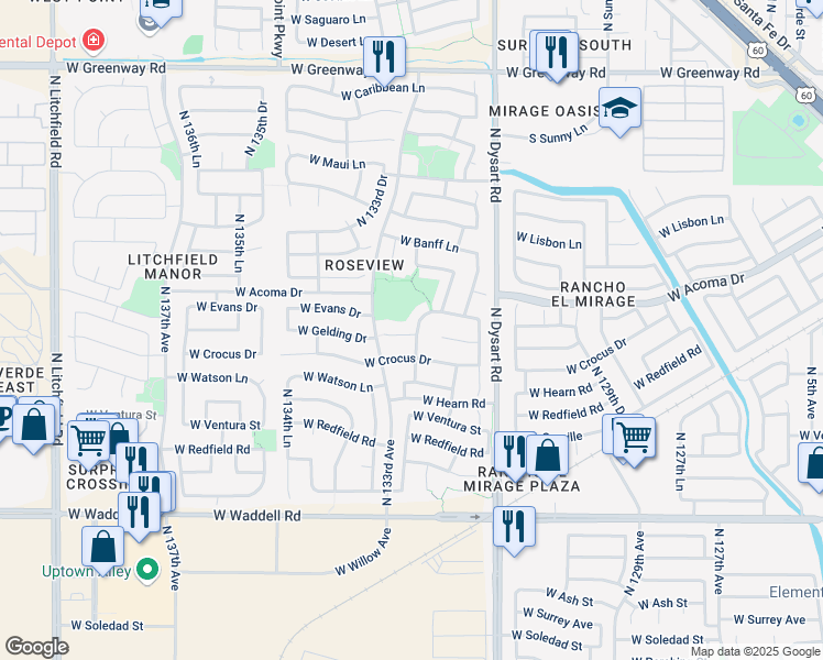 map of restaurants, bars, coffee shops, grocery stores, and more near 14426 North 132nd Drive in Surprise