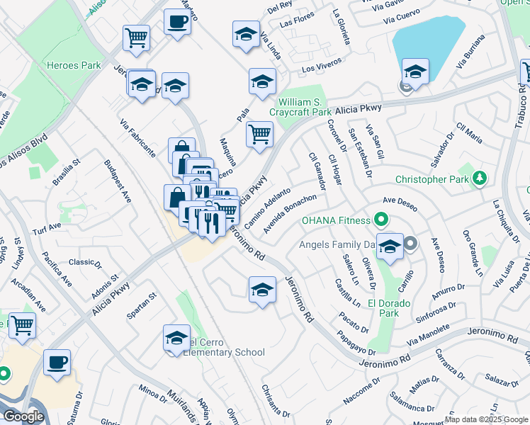 map of restaurants, bars, coffee shops, grocery stores, and more near 26036 Camino Adelanto in Mission Viejo