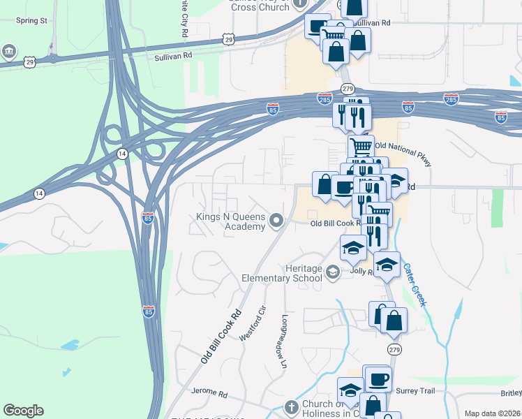 map of restaurants, bars, coffee shops, grocery stores, and more near 5182 Seaside Court in College Park