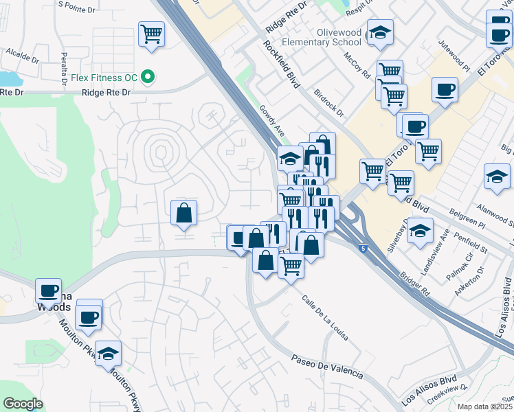 map of restaurants, bars, coffee shops, grocery stores, and more near 2079 Ronda Granada in Laguna Woods