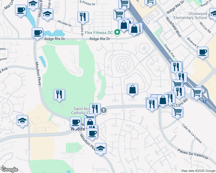 map of restaurants, bars, coffee shops, grocery stores, and more near 2340 Via Mariposa West in Laguna Woods