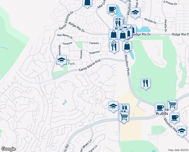 map of restaurants, bars, coffee shops, grocery stores, and more near 3071 Via Serena North in Laguna Hills