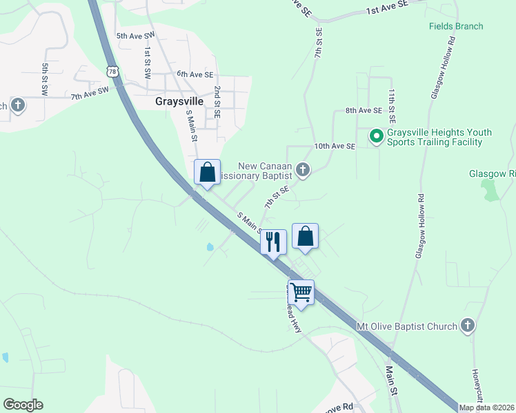 map of restaurants, bars, coffee shops, grocery stores, and more near 1241 South Main Street in Graysville