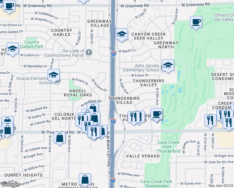 map of restaurants, bars, coffee shops, grocery stores, and more near 14228 North 26th Lane in Phoenix