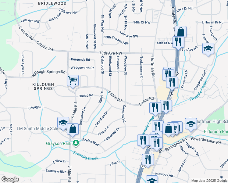 map of restaurants, bars, coffee shops, grocery stores, and more near 1316 5 Mile Rd in Birmingham