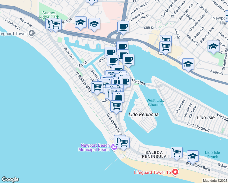 map of restaurants, bars, coffee shops, grocery stores, and more near 2913 Newport Boulevard in Newport Beach