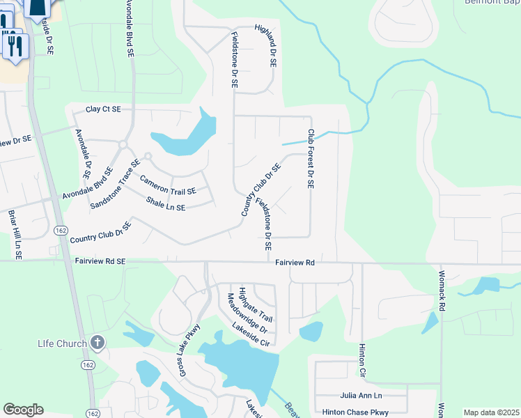 map of restaurants, bars, coffee shops, grocery stores, and more near 2809 Fieldstone Drive in Conyers