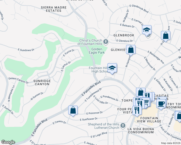 map of restaurants, bars, coffee shops, grocery stores, and more near 15852 East Bursage Drive in Fountain Hills