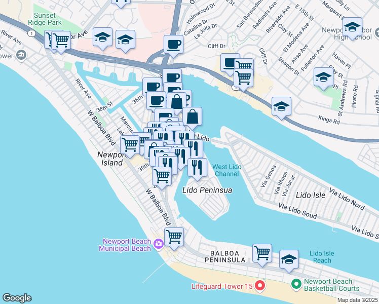 map of restaurants, bars, coffee shops, grocery stores, and more near 601 Lido Park Drive in Newport Beach
