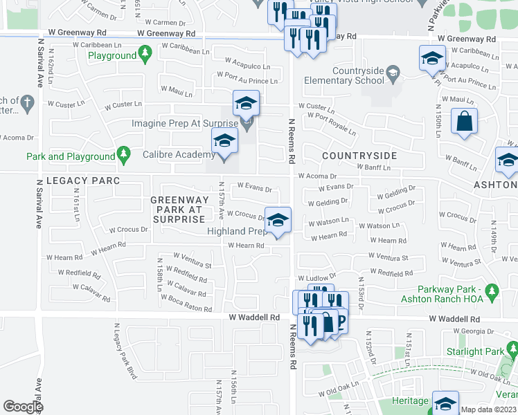 map of restaurants, bars, coffee shops, grocery stores, and more near 15569 West Gelding Drive in Surprise