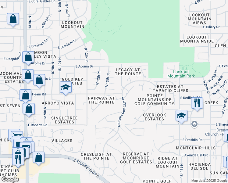 map of restaurants, bars, coffee shops, grocery stores, and more near 1329 East Canterbury Drive in Phoenix
