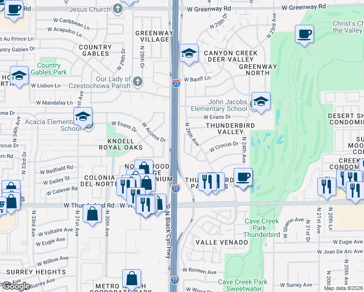 map of restaurants, bars, coffee shops, grocery stores, and more near 14228 North 26th Lane in Phoenix
