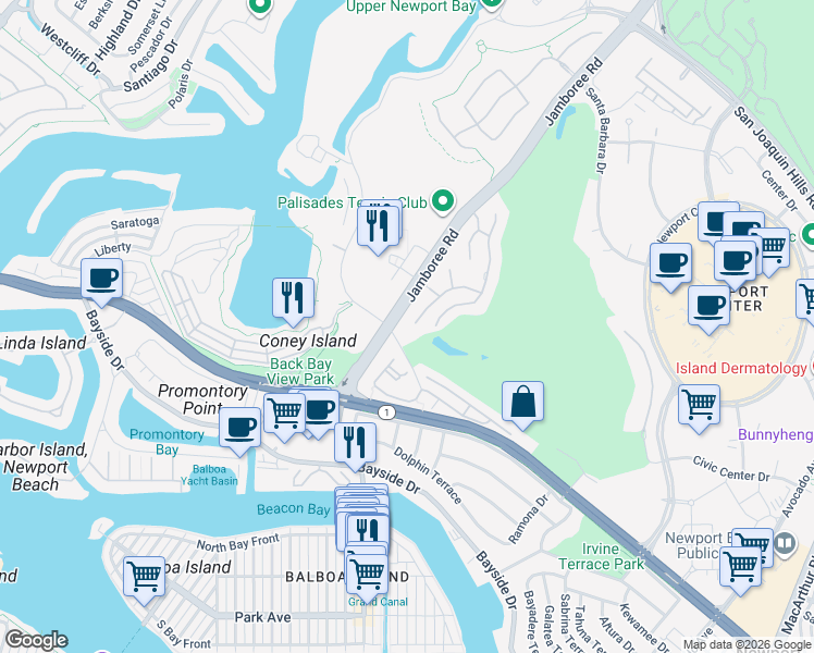 map of restaurants, bars, coffee shops, grocery stores, and more near 2 Sea Cove Lane in Newport Beach