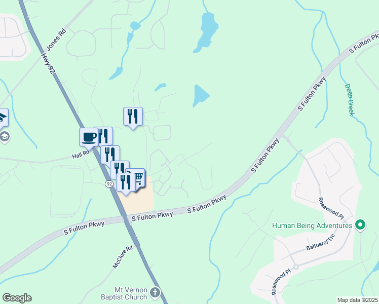 map of restaurants, bars, coffee shops, grocery stores, and more near 159 Park Lane in Fairburn
