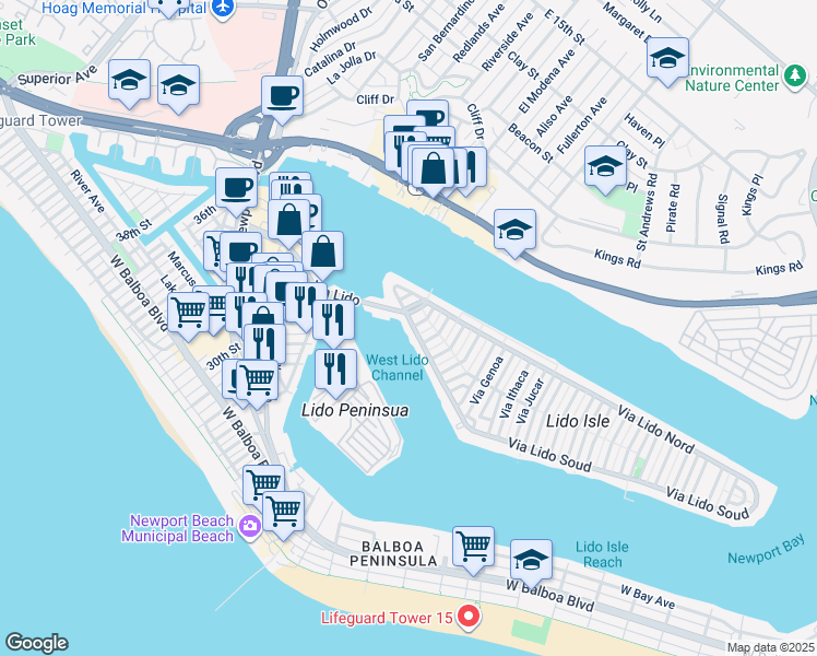 map of restaurants, bars, coffee shops, grocery stores, and more near 213 Via Lido Soud in Newport Beach