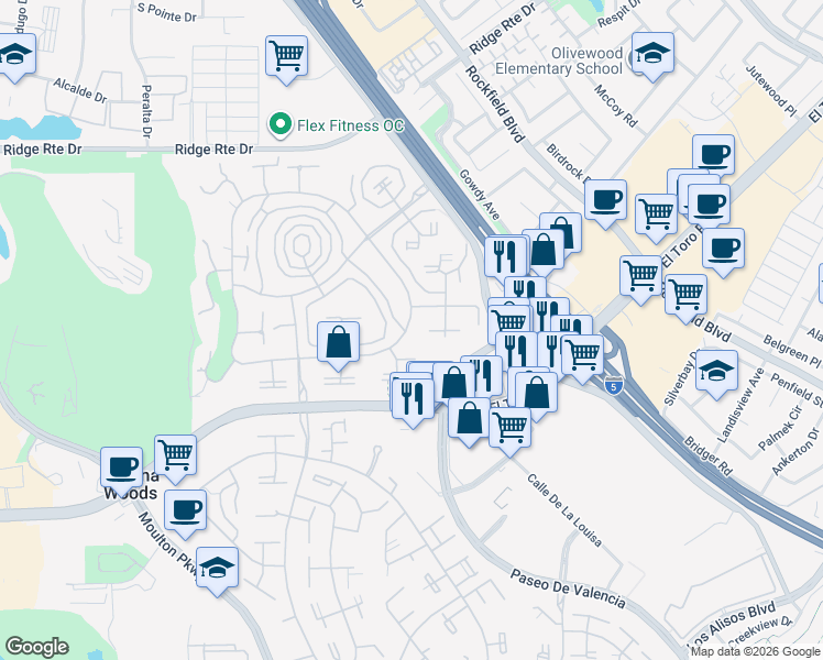 map of restaurants, bars, coffee shops, grocery stores, and more near 2096 Ronda Granada in Laguna Woods