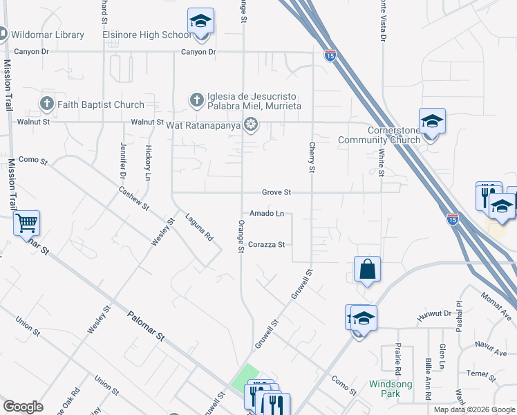 map of restaurants, bars, coffee shops, grocery stores, and more near 22060 Amado Ln in Wildomar