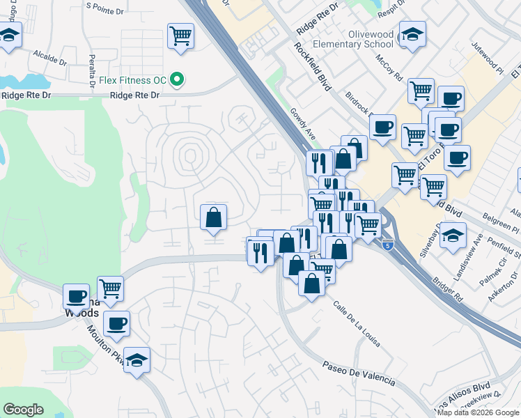 map of restaurants, bars, coffee shops, grocery stores, and more near 2096 Ronda Granada in Laguna Woods
