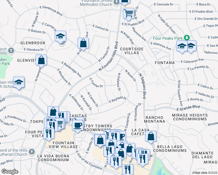 map of restaurants, bars, coffee shops, grocery stores, and more near 14046 North Edgeworth Drive in Fountain Hills