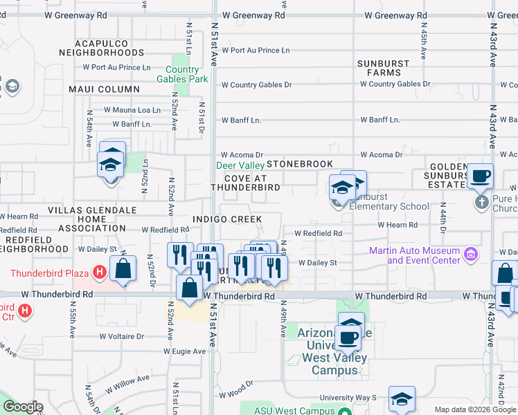 map of restaurants, bars, coffee shops, grocery stores, and more near 4921 West Crocus Drive in Glendale