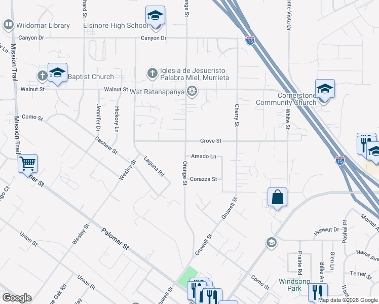 map of restaurants, bars, coffee shops, grocery stores, and more near 22060 Amado Lane in Wildomar