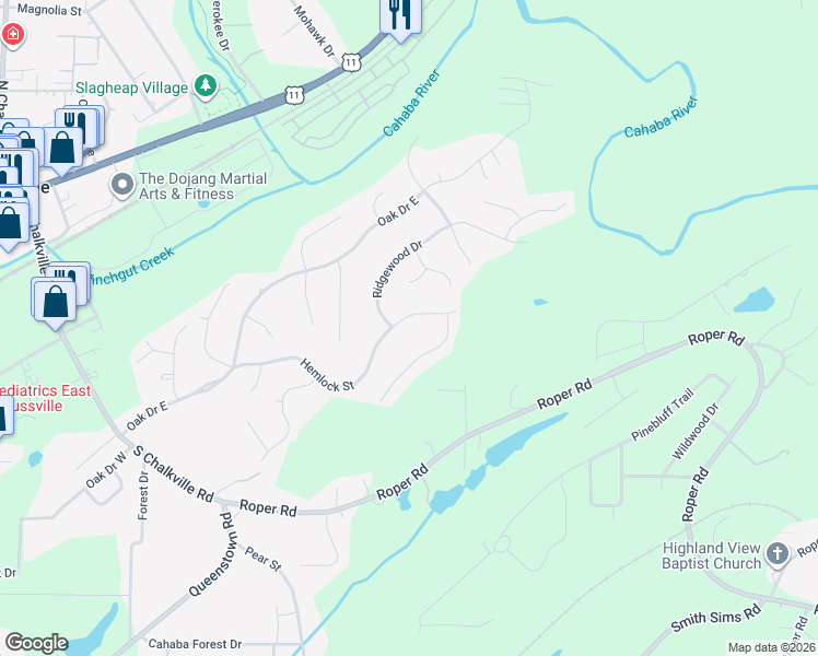 map of restaurants, bars, coffee shops, grocery stores, and more near 6601 Hemlock Street in Trussville