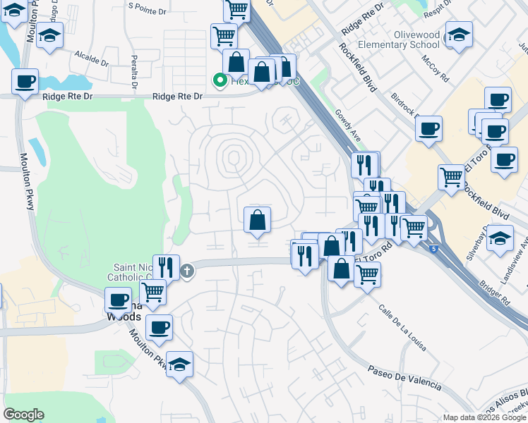 map of restaurants, bars, coffee shops, grocery stores, and more near 2220 Via Mariposa East in Laguna Woods
