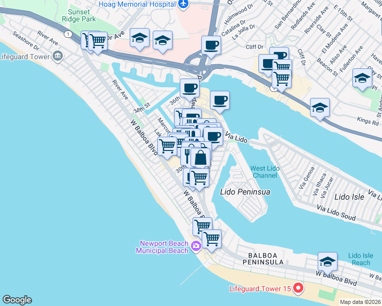 map of restaurants, bars, coffee shops, grocery stores, and more near in Newport Beach