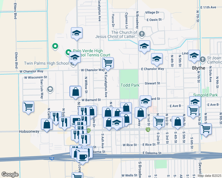 map of restaurants, bars, coffee shops, grocery stores, and more near 378 North Eucalyptus Avenue in Blythe