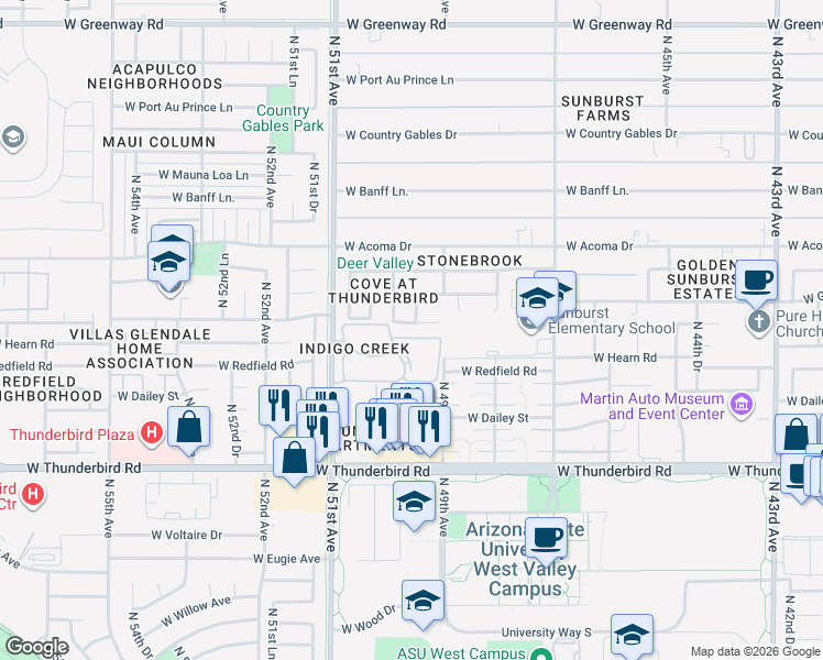 map of restaurants, bars, coffee shops, grocery stores, and more near 4921 West Crocus Drive in Glendale