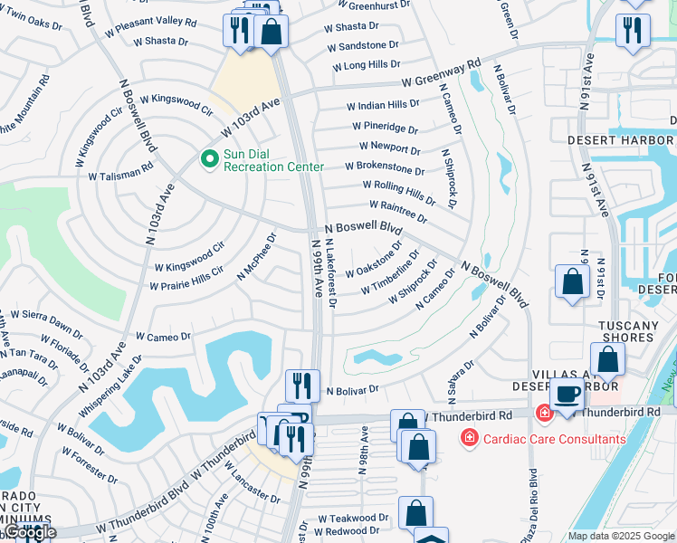 map of restaurants, bars, coffee shops, grocery stores, and more near 9701 West Oakstone Drive in Sun City