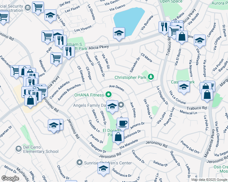 map of restaurants, bars, coffee shops, grocery stores, and more near 23956 Juaneno Drive in Mission Viejo