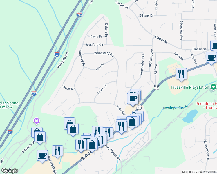 map of restaurants, bars, coffee shops, grocery stores, and more near 205 Powell Place in Trussville