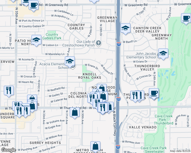 map of restaurants, bars, coffee shops, grocery stores, and more near 12 West Gelding Drive in Phoenix