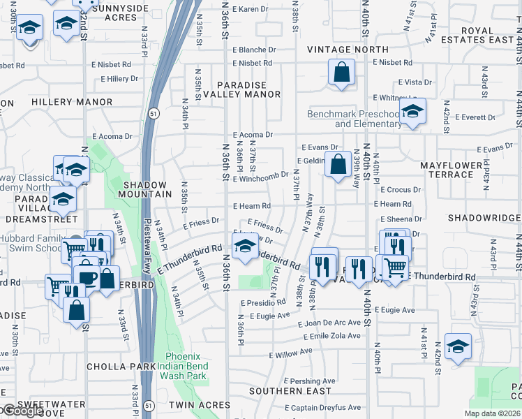 map of restaurants, bars, coffee shops, grocery stores, and more near 3639 East Hearn Road in Phoenix