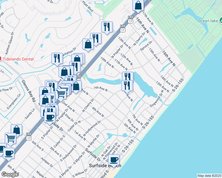 map of restaurants, bars, coffee shops, grocery stores, and more near 652 7th Avenue North in Surfside Beach