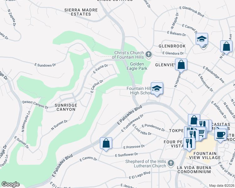 map of restaurants, bars, coffee shops, grocery stores, and more near 14208 North Bursage Drive in Fountain Hills
